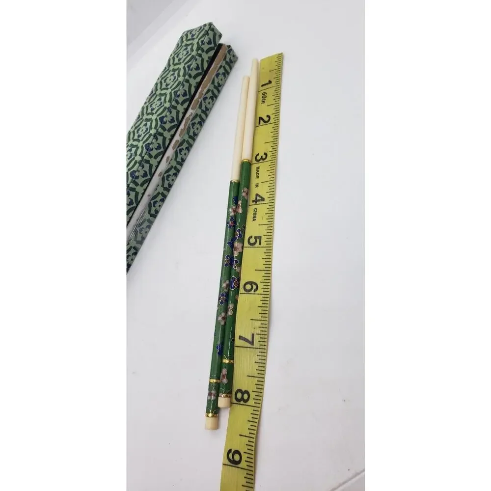New Old Stock Vintage Cloisonne Chopsticks GREEN floral enamel with box